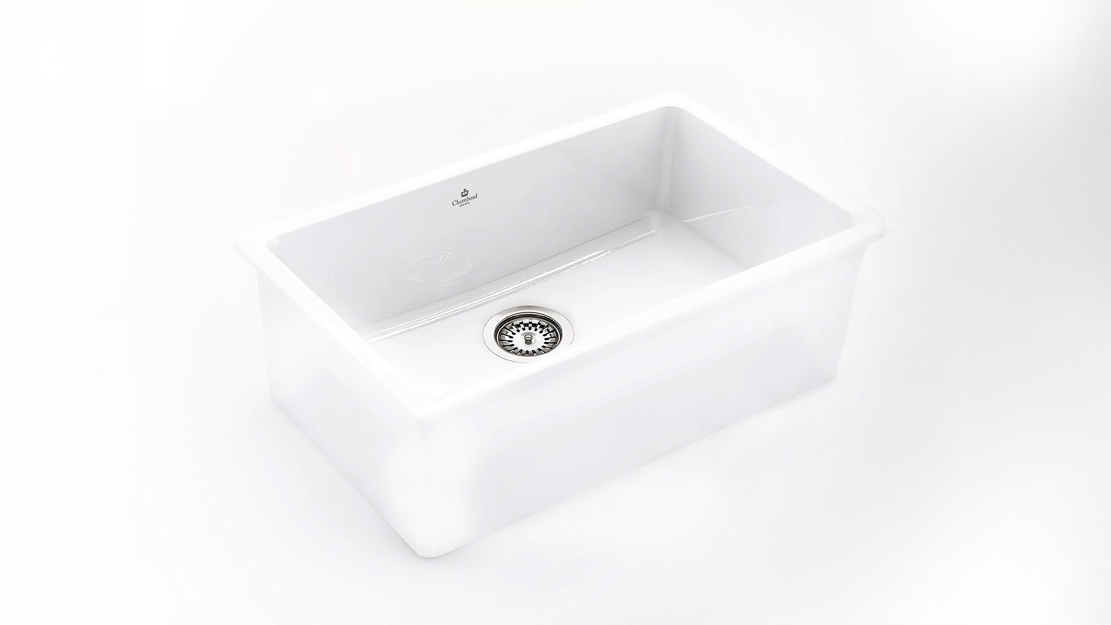 Chambord white fireclay farmhouse sink with brand crest