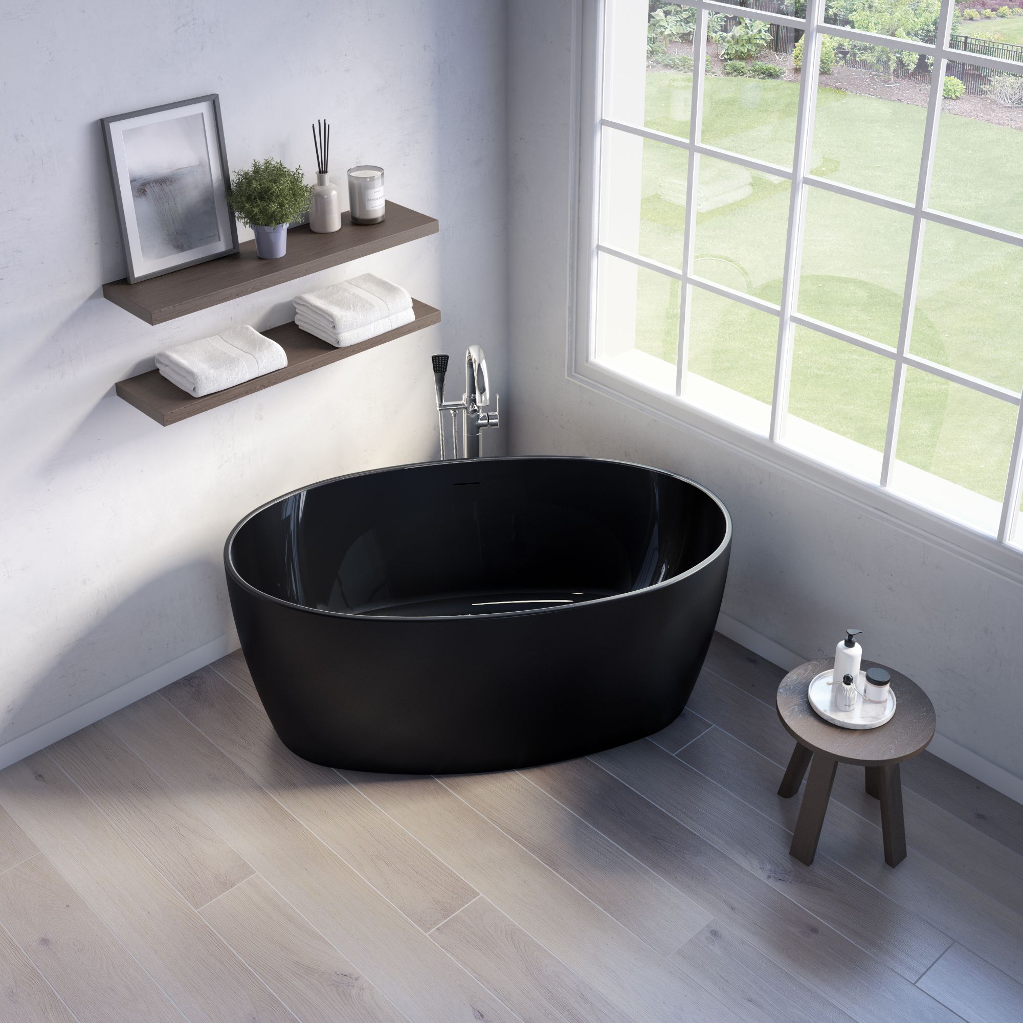 Fleurco black oval freestanding tub beside a garden window