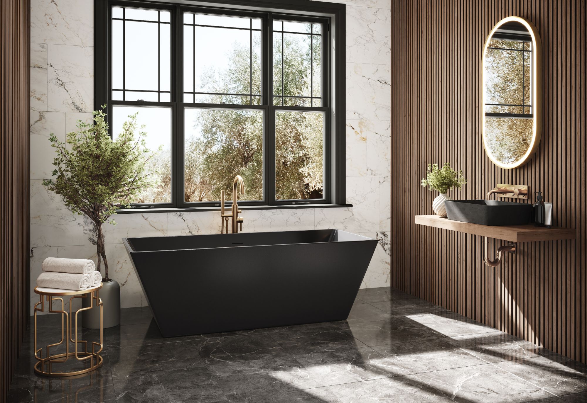 Fleurco black rectangular freestanding tub with brass faucet and marble walls