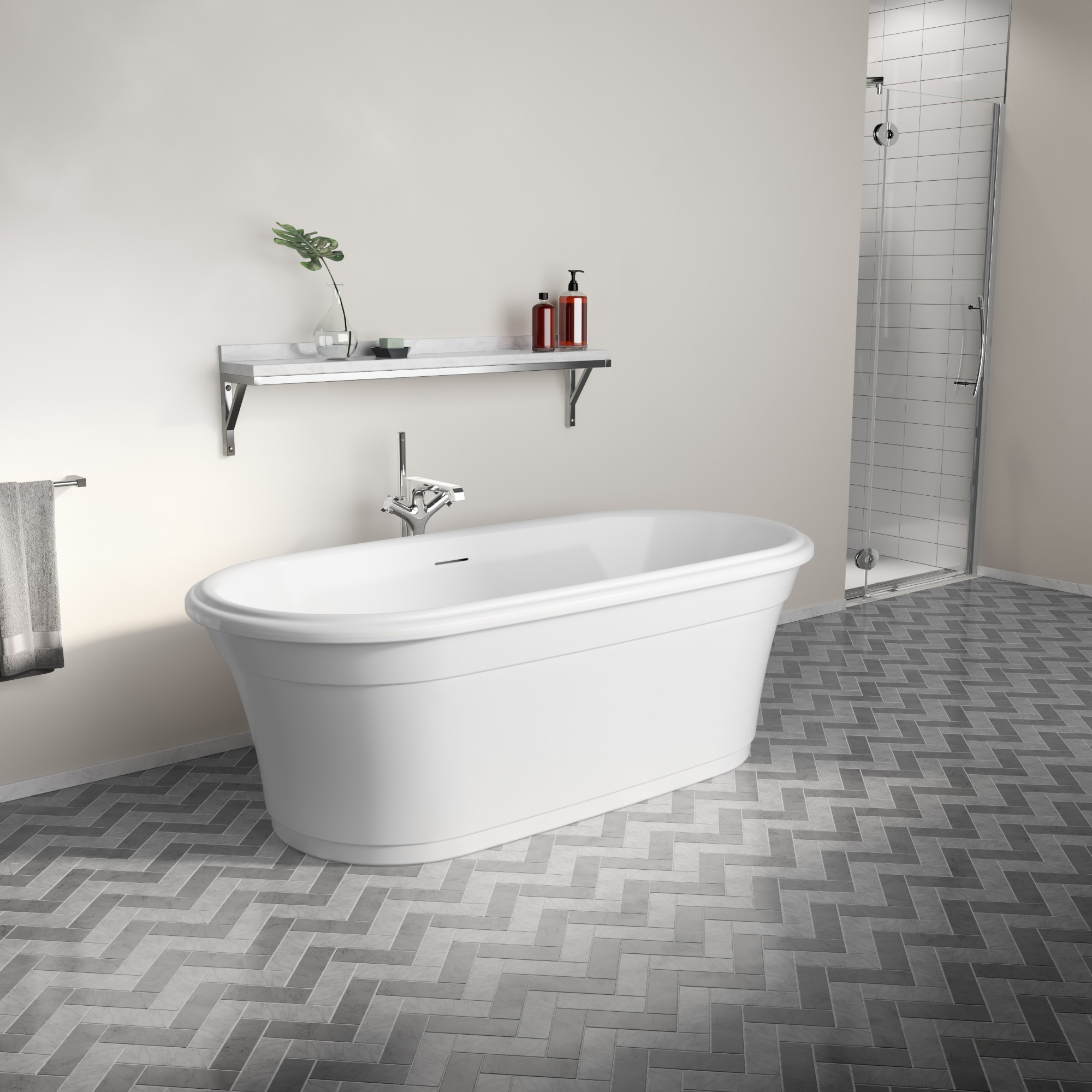 Fleurco classic oval freestanding tub on herringbone tile