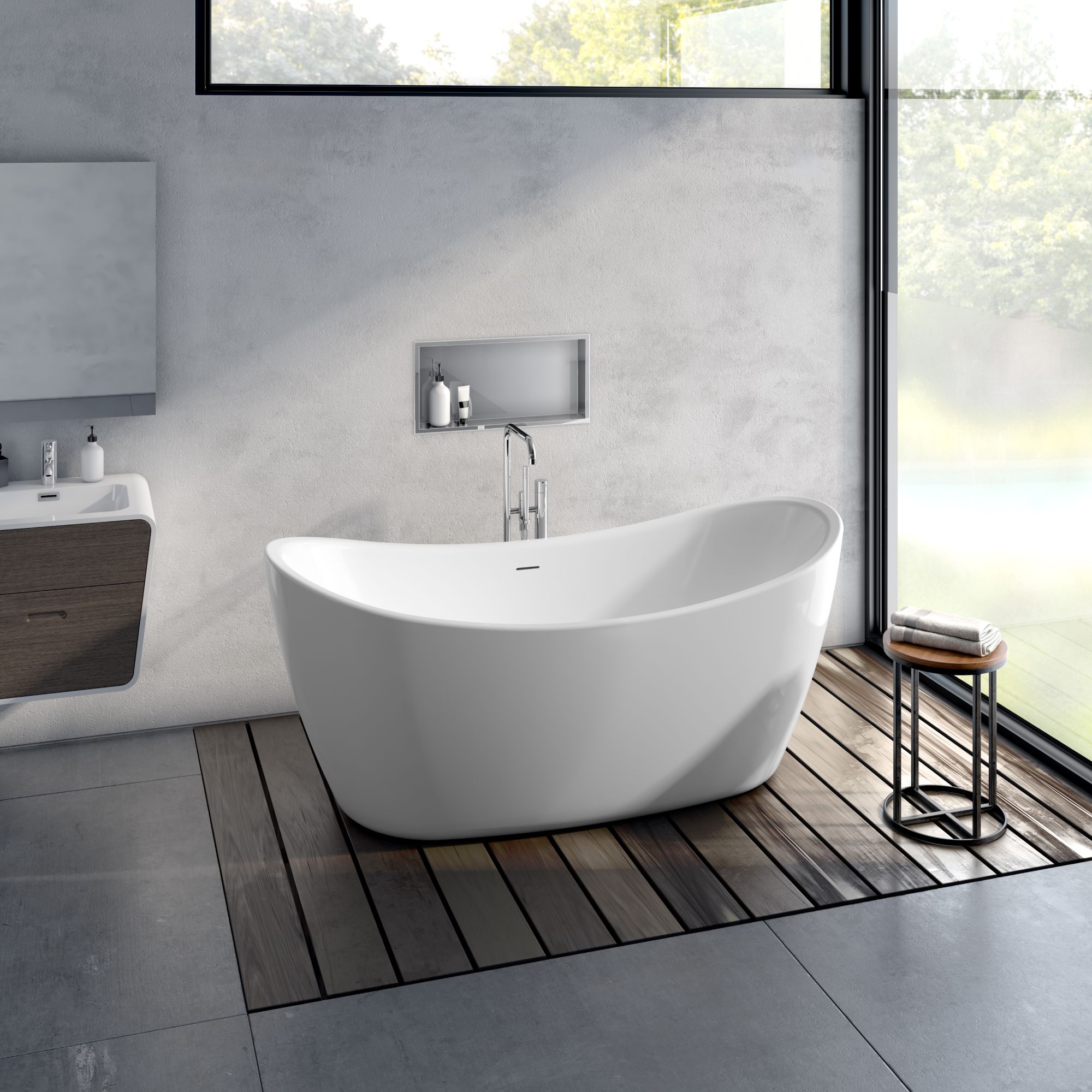 Fleurco double slipper freestanding tub on a wood deck
