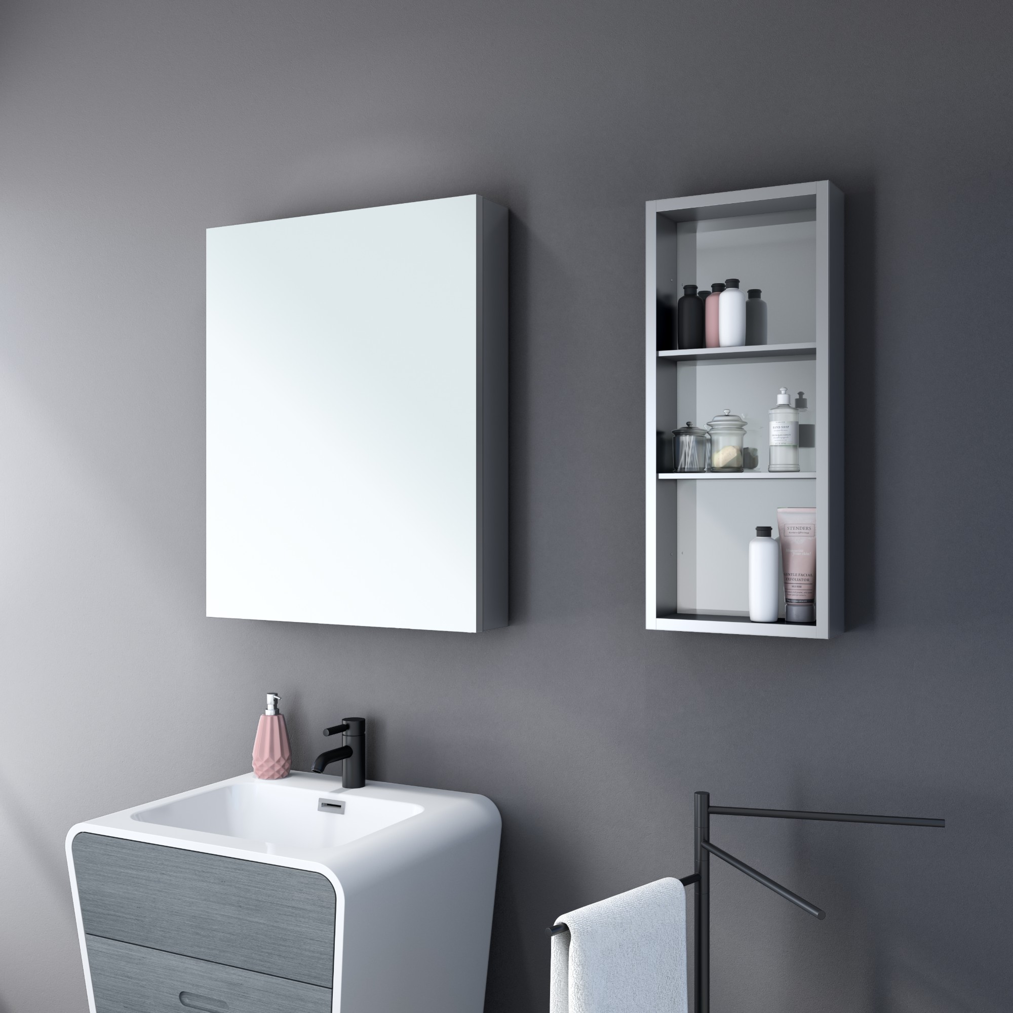 Fleurco mirrored medicine cabinet with matching open shelf unit