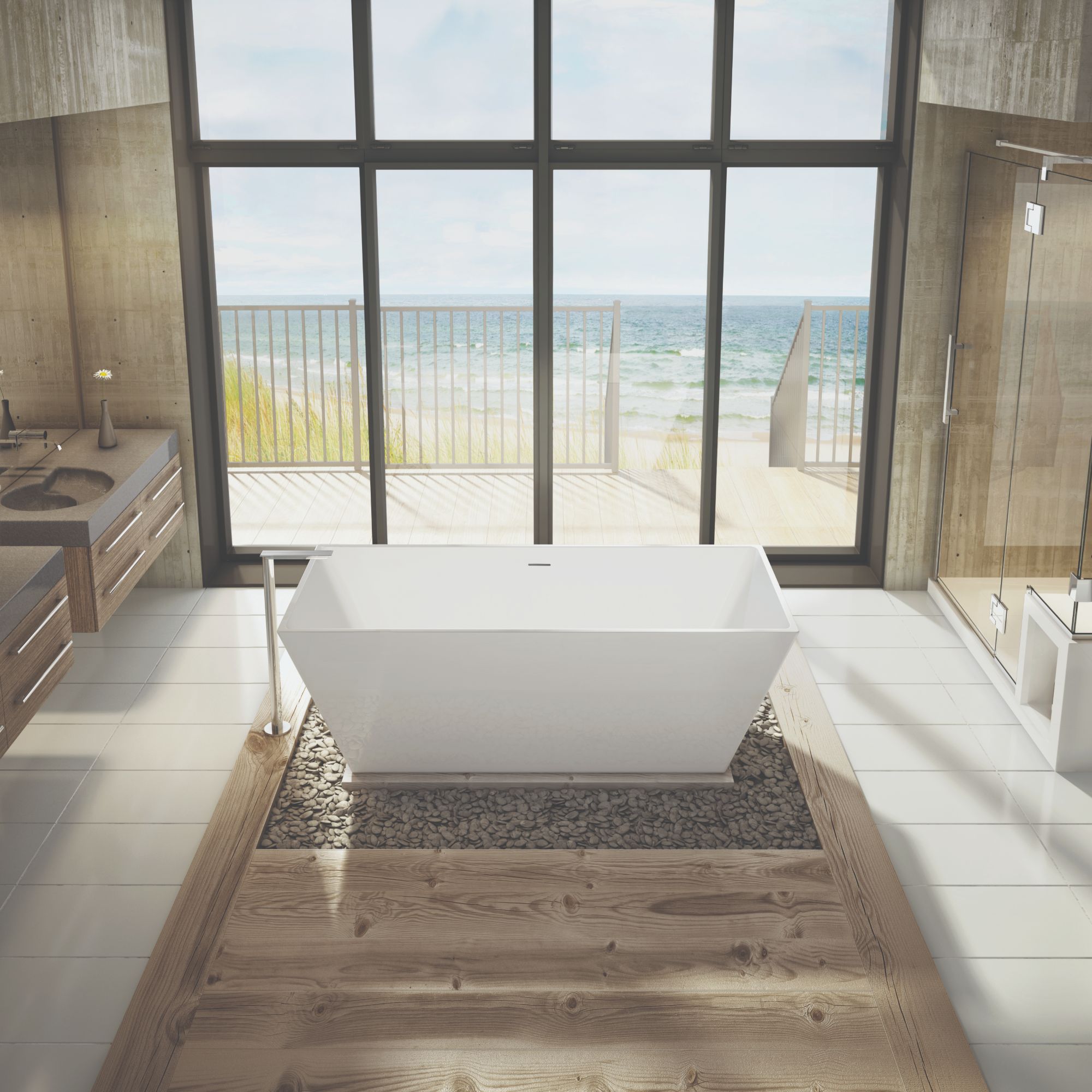 Fleurco rectangular freestanding tub facing an ocean view