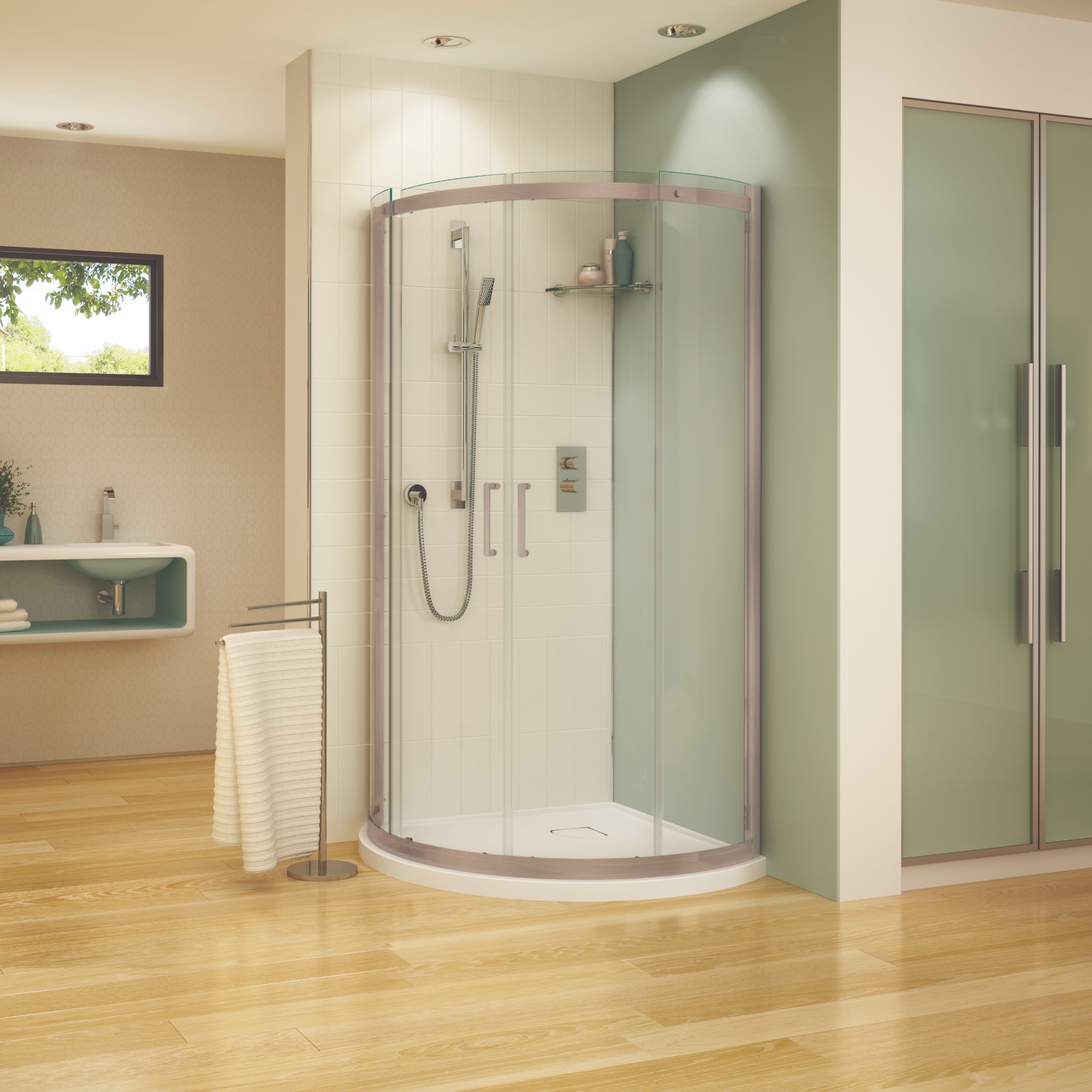 Fleurco curved corner shower with brushed nickel frame