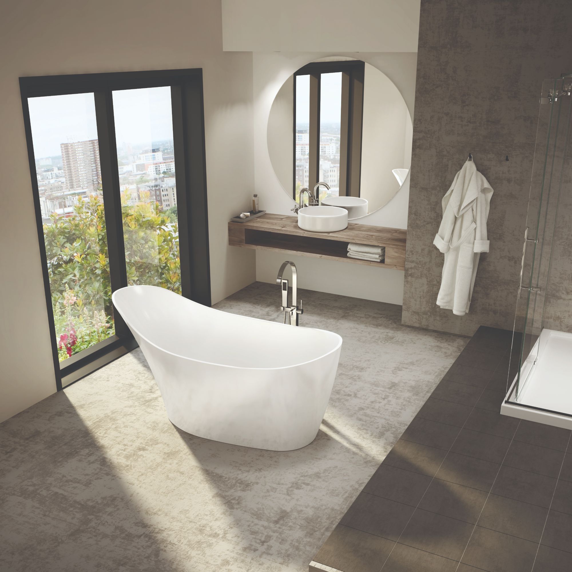 Fleurco slipper freestanding tub beside a city-view window