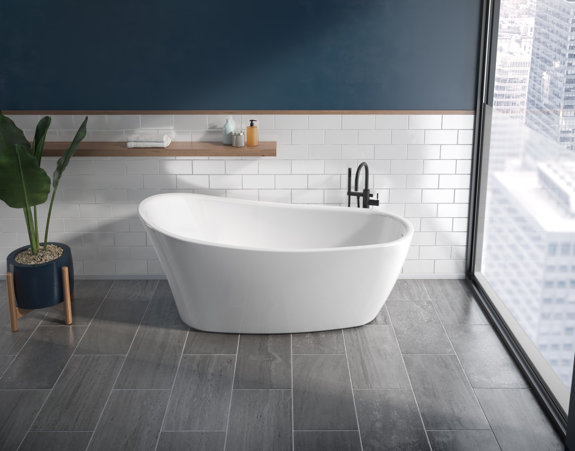 Fleurco slipper freestanding tub with white subway tile