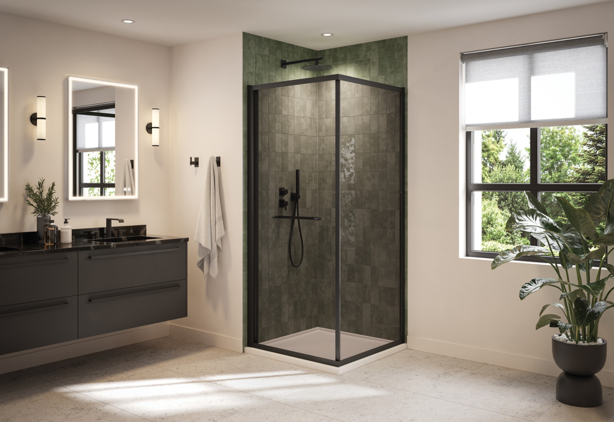 Fleurco black-framed square corner shower with green tile
