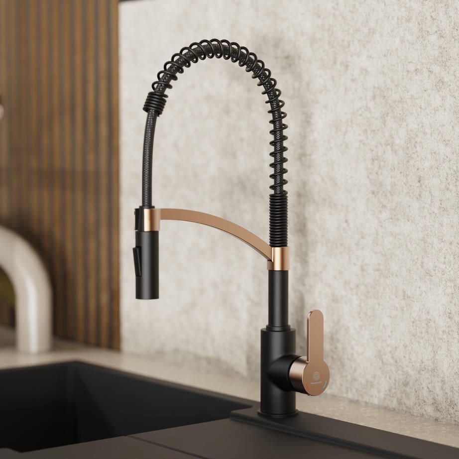 Wasserwerk black and rose gold spring kitchen faucet, alternate angle