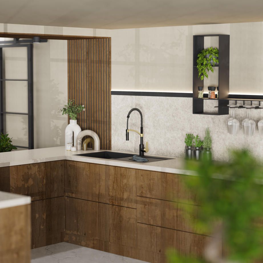 Wasserwerk faucet in a wood and black kitchen with bar seating