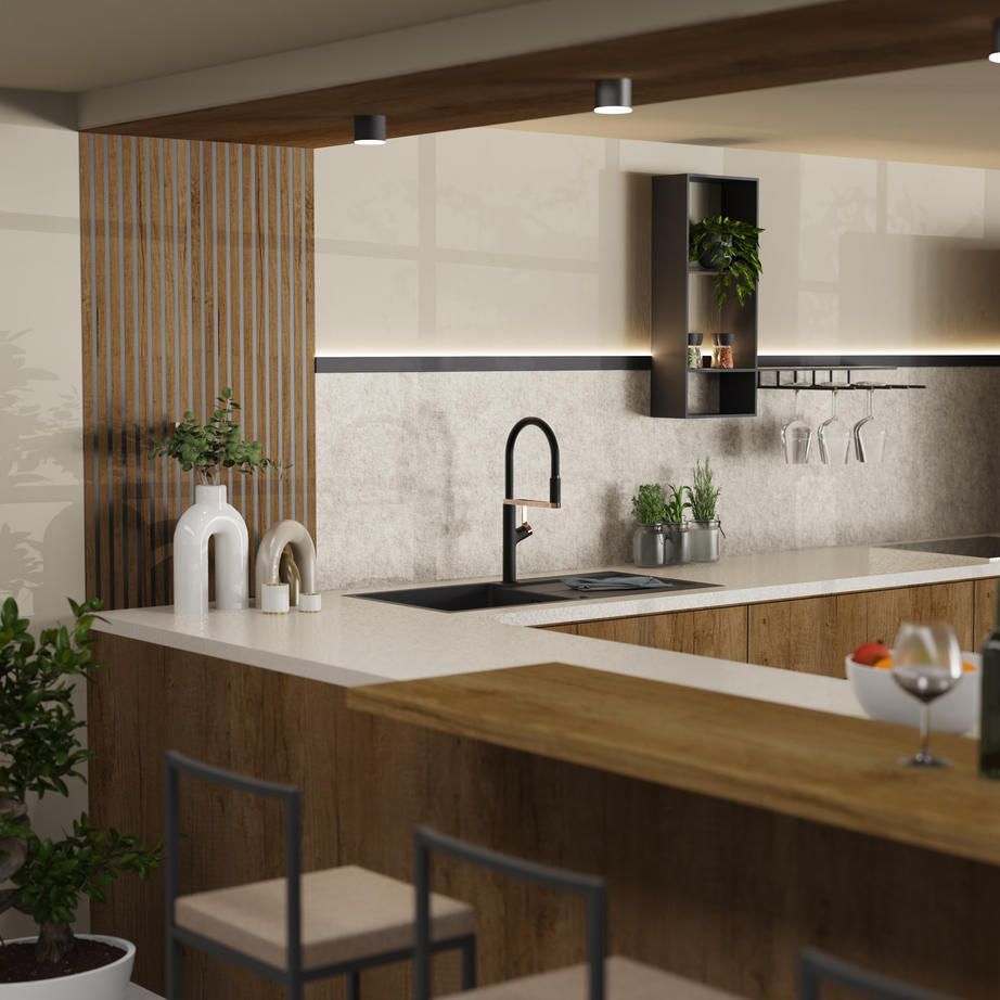 Wasserwerk faucet in a wood and black kitchen, wide view